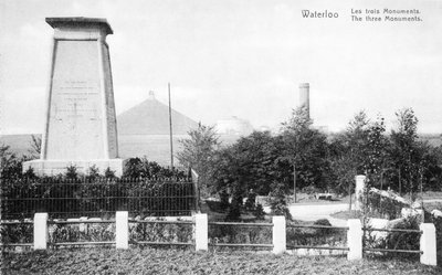 Tres monumentos erigidos para conmemorar la Batalla de Waterloo, postal conmemorativa c.1912 (fotolitografía) de Belgian Photographer